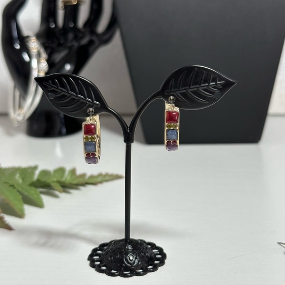 Signed Liz Claiborne Pierced Earrings Enamel Hoops Multicolor Rhinestone 3/4” - Picture 1 of 8